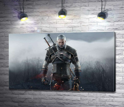 Грозный герой Геральт из игры "Ведьмак 3: Дикий гон" (The Witcher 3: Wild hunt)