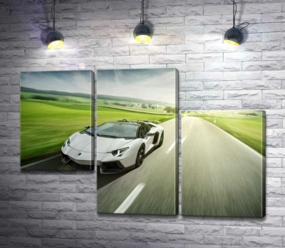 Білий Lamborghini Aventador Roadster мчить повз зелені поля