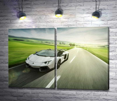 Білий Lamborghini Aventador Roadster мчить повз зелені поля