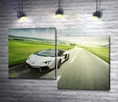 Белый Lamborghini Aventador Roadster несется мимо зеленых полей