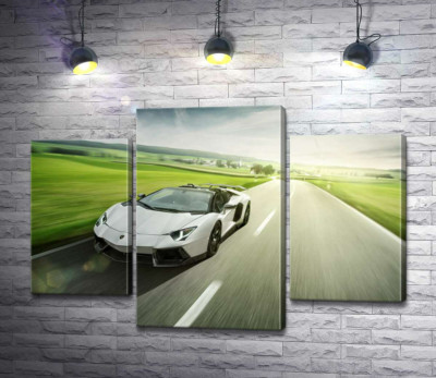 Белый Lamborghini Aventador Roadster несется мимо зеленых полей