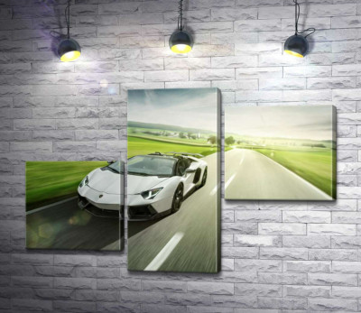 Белый Lamborghini Aventador Roadster несется мимо зеленых полей