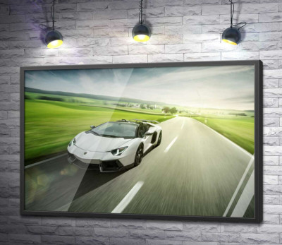 Постер "Білий Lamborghini Aventador Roadster мчить повз зелені поля"