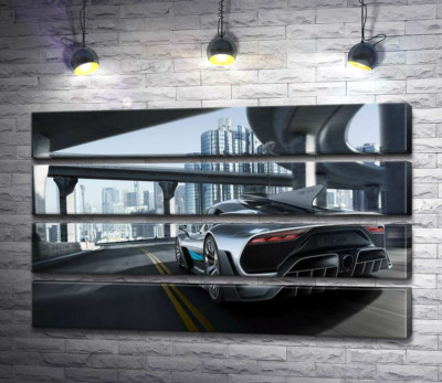 Модульна картина "Двомісний гіперкар Mercedes-AMG Project One їде по транспортній розв'язці"