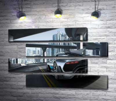 Модульна картина "Двомісний гіперкар Mercedes-AMG Project One їде по транспортній розв'язці"