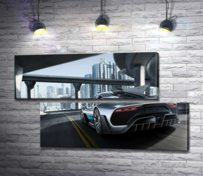 Модульная картина "Двухместный гиперкар Mercedes-AMG Project One едет по транспортной развязке"
