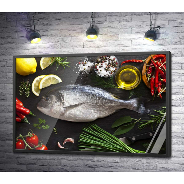 Свежая рыба дорадо в окружении овощей и специй