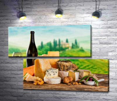 Модульная картина "Нежные вкусы итальянских сыров дополнены бокалом красного вина"