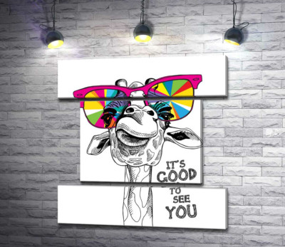 Модульна картина "Веселкові окуляри на носі жирафи з фразою "it's good to see you""