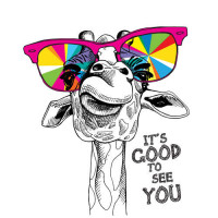 Радужные очки на носу жирафа с фразой "it's good to see you"