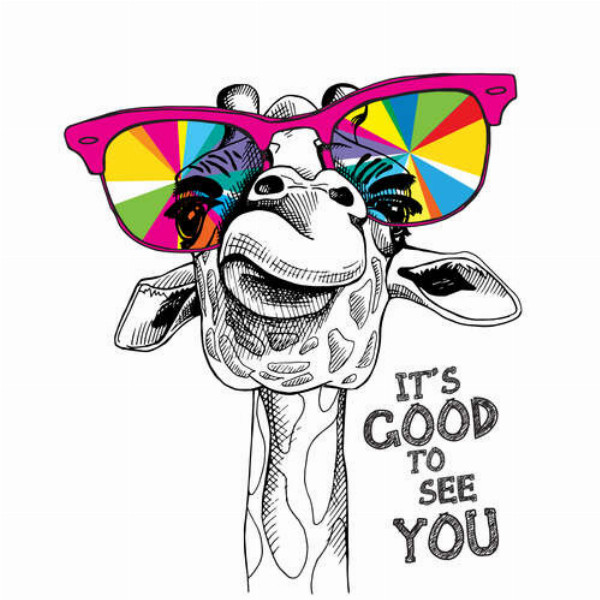 Веселкові окуляри на носі жирафи з фразою "it's good to see you"