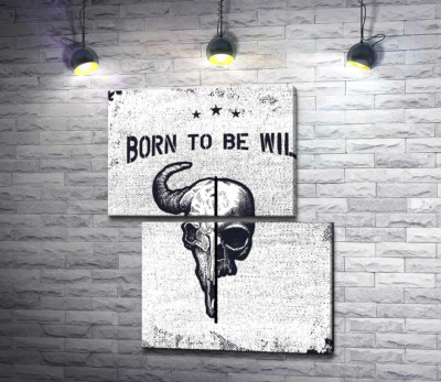 Модульна картина "Єднання черепів людини та бика під фразою "born to be wild""