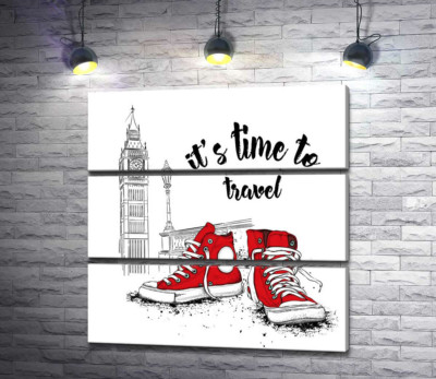Модульна картина "Червоні кеди поряд з Біг Беном та написом "it's time to travel""