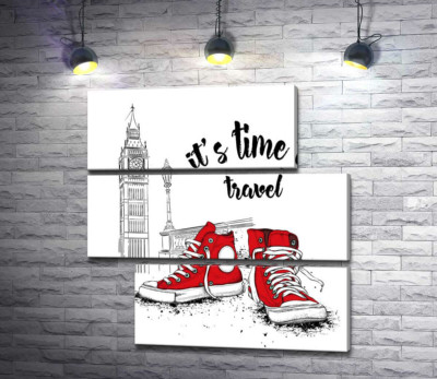 Модульная картина "Красные кеды рядом с Биг Беном и надписью "it's time to travel""