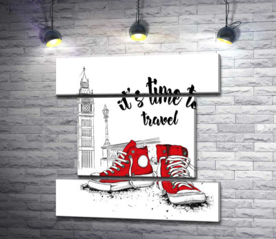Модульна картина "Червоні кеди поряд з Біг Беном та написом "it's time to travel""