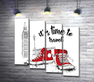 Красные кеды рядом с Биг Беном и надписью "it's time to travel"