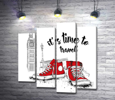 Модульна картина "Червоні кеди поряд з Біг Беном та написом "it's time to travel""