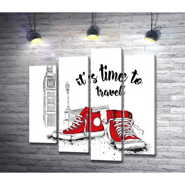Красные кеды рядом с Биг Беном и надписью "it's time to travel"