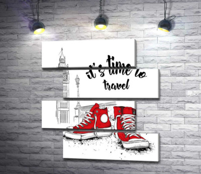 Червоні кеди поряд з Біг Беном та написом "it's time to travel"