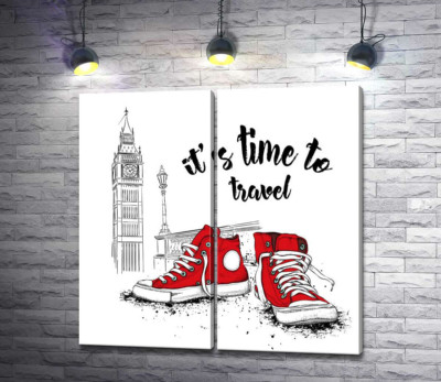 Модульная картина "Красные кеды рядом с Биг Беном и надписью "it's time to travel""