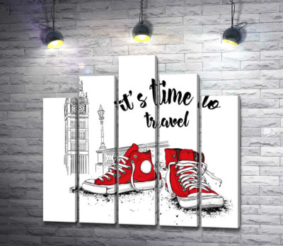Модульная картина "Красные кеды рядом с Биг Беном и надписью "it's time to travel""