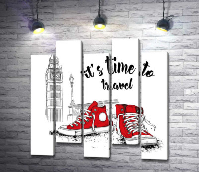 Модульная картина "Красные кеды рядом с Биг Беном и надписью "it's time to travel""