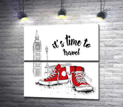 Модульна картина "Червоні кеди поряд з Біг Беном та написом "it's time to travel""