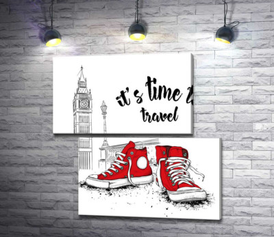 Модульная картина "Красные кеды рядом с Биг Беном и надписью "it's time to travel""