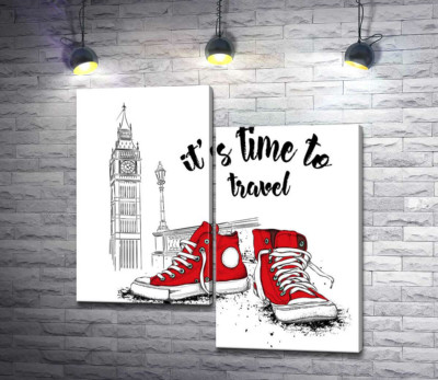 Модульная картина "Красные кеды рядом с Биг Беном и надписью "it's time to travel""