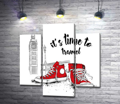 Модульна картина "Червоні кеди поряд з Біг Беном та написом "it's time to travel""