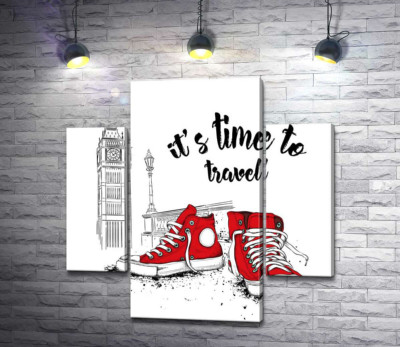Модульна картина "Червоні кеди поряд з Біг Беном та написом "it's time to travel""
