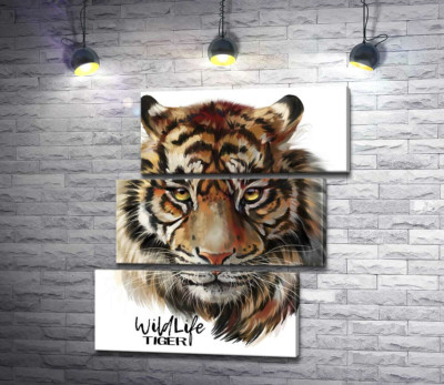 Модульная картина "Пронзительный взгляд тигра рядом с надписью "wildlife tiger""