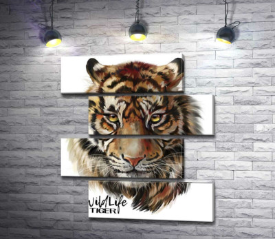 Модульна картина "Пронизливий погляд тигра поряд з написом "wild life tiger""
