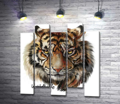 Модульна картина "Пронизливий погляд тигра поряд з написом "wild life tiger""