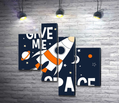 Модульна картина "Ракета пролітає між словами "give me space""