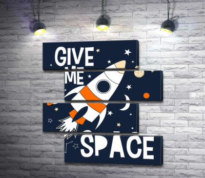 Модульная картина "Ракета пролетает между словами "give me space""