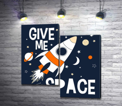 Модульная картина "Ракета пролетает между словами "give me space""