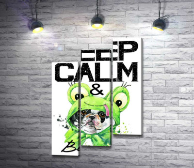 Модульна картина "Костюм зеленої жаби на мопсі біля фрази "keep calm and be cool""