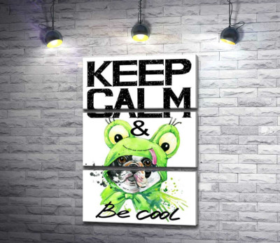Костюм зеленої жаби на мопсі біля фрази "keep calm and be cool"