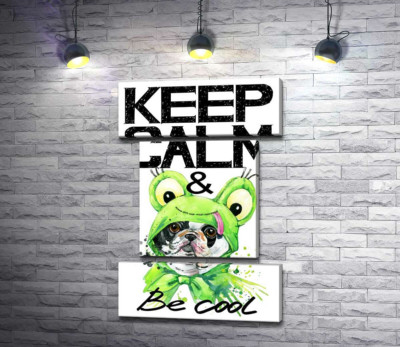 Модульна картина "Костюм зеленої жаби на мопсі біля фрази "keep calm and be cool""