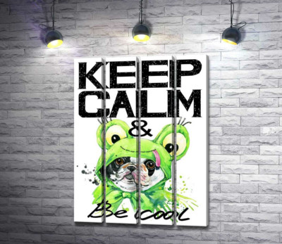 Костюм зеленой лягушки на мопсе возле фразы "keep calm and be cool"