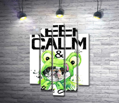 Костюм зеленой лягушки на мопсе возле фразы "keep calm and be cool"