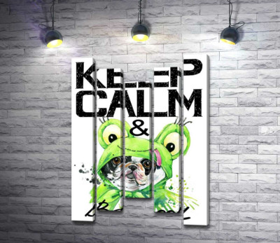 Модульная картина "Костюм зеленой лягушки на мопсе возле фразы "keep calm and be cool""
