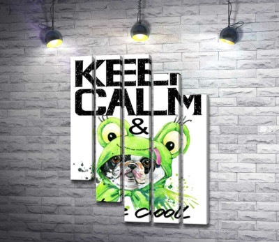 Модульна картина "Костюм зеленої жаби на мопсі біля фрази "keep calm and be cool""