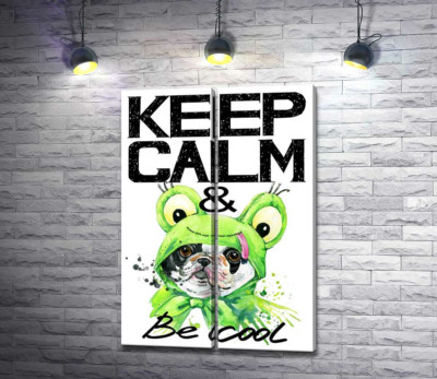 Модульная картина "Костюм зеленой лягушки на мопсе возле фразы "keep calm and be cool""
