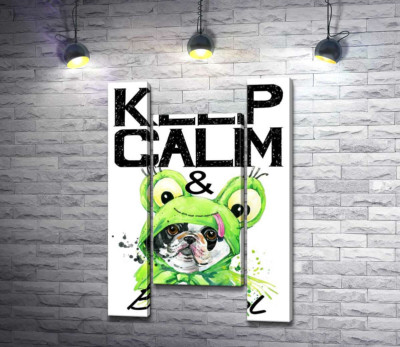 Модульна картина "Костюм зеленої жаби на мопсі біля фрази "keep calm and be cool""