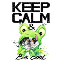 Костюм зеленой лягушки на мопсе возле фразы "keep calm and be cool"