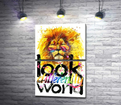 Модульная картина "Тропический лев с фразой "look at the world differently""