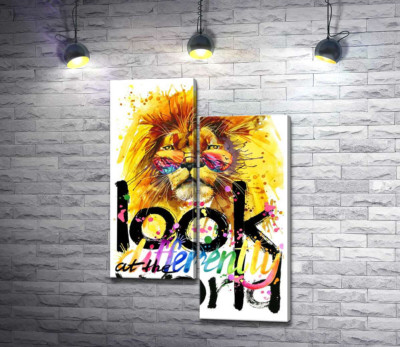 Модульная картина "Тропический лев с фразой "look at the world differently""