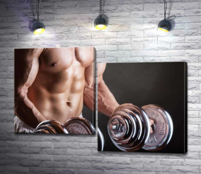 Модульна картина "Напружені м'язи рук спортсмена, що підіймає гантелі"